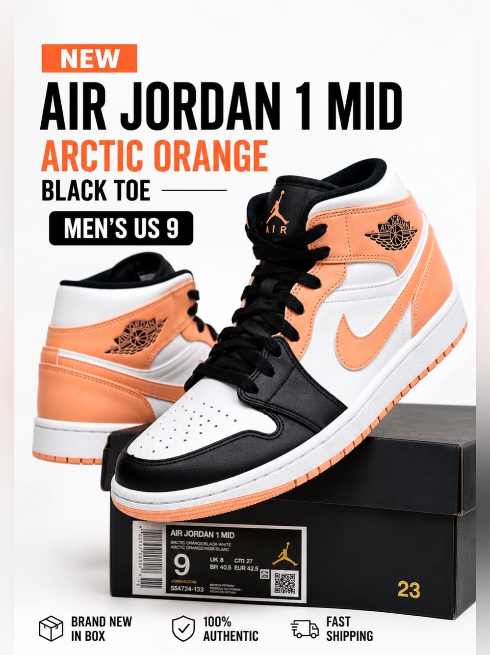 Nike Air Jordan 1 Mid Arctic Orange Black Toe Men’s US 9 BNIB 554724-133